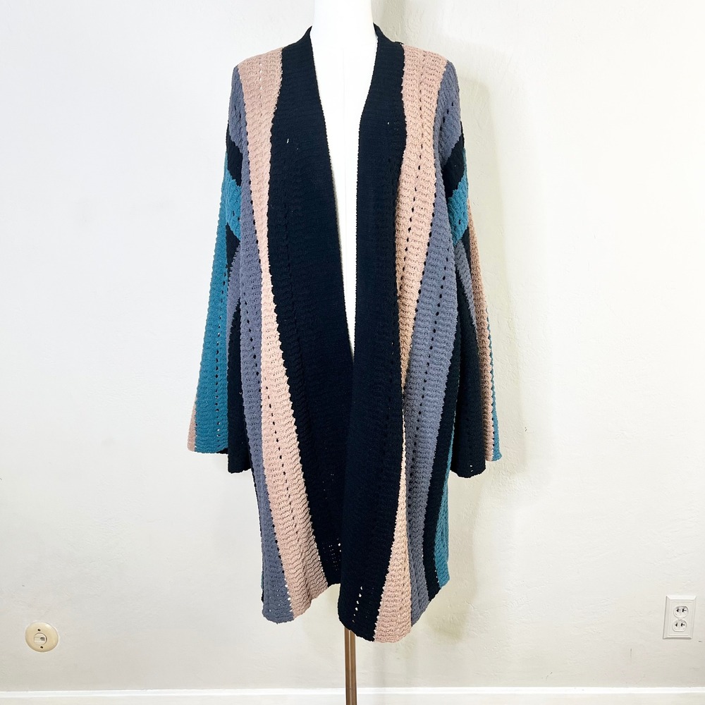 POL Chunky Knit Colorblock‎ Longline Cardigan Open Front Boho Sweater Size Large